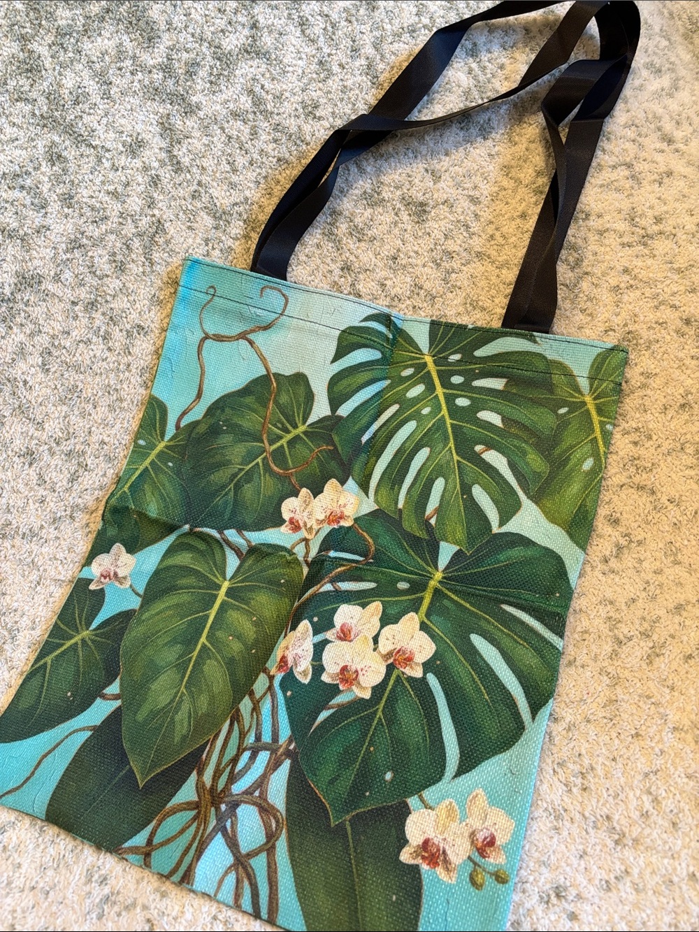 Tropical Monstera Wild Orchid Rainforest Poly Canvas Tote Bag NWT 13.50x15.75”